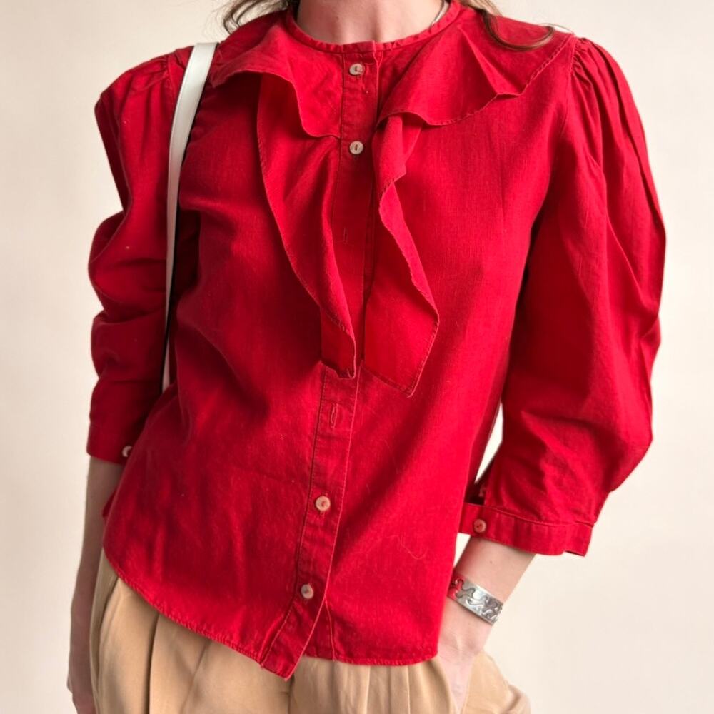 Carol Horn Cherry Red Ruffled Top - 3/4 Sleeve, 70s/80s Vintage, Size 6 (Fits S)